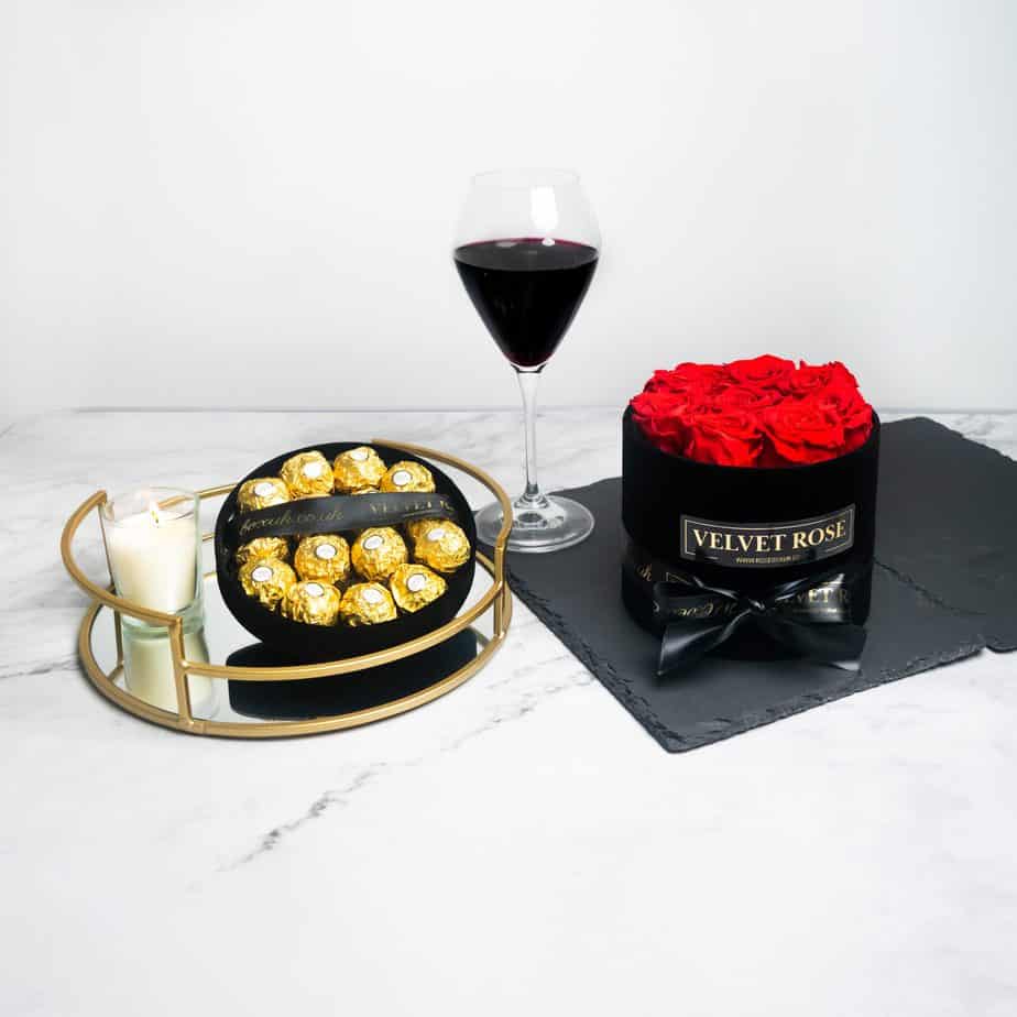 THE ROMANCE BUNDLE – ETERNITY REAL PRESERVED RED ROSES & FERRERO ROCHER