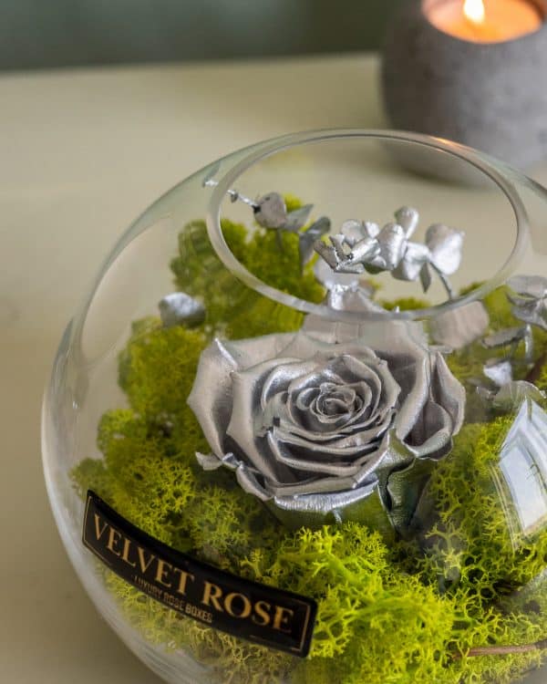 METALLIC SILVER- GLASS SOLO ROSE – ETERNITY REAL PRESERVED ROSE