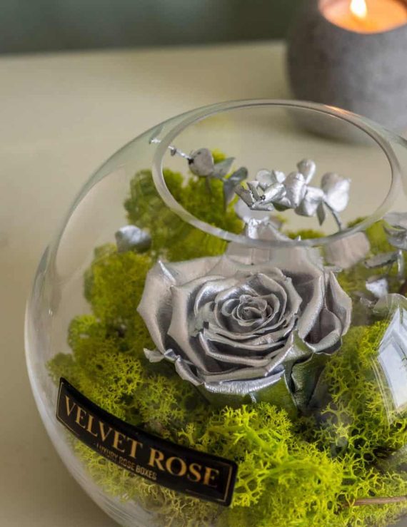 METALLIC SILVER- GLASS SOLO ROSE – ETERNITY REAL PRESERVED ROSE