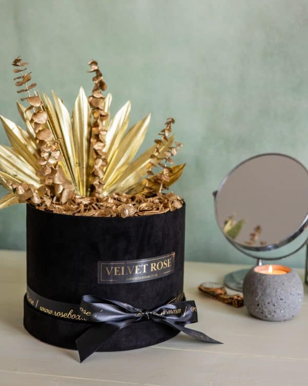 THE GOLDEN PALM ROSE BOX – METALLIC GOLD ETERNITY REAL PRESERVED ROSES