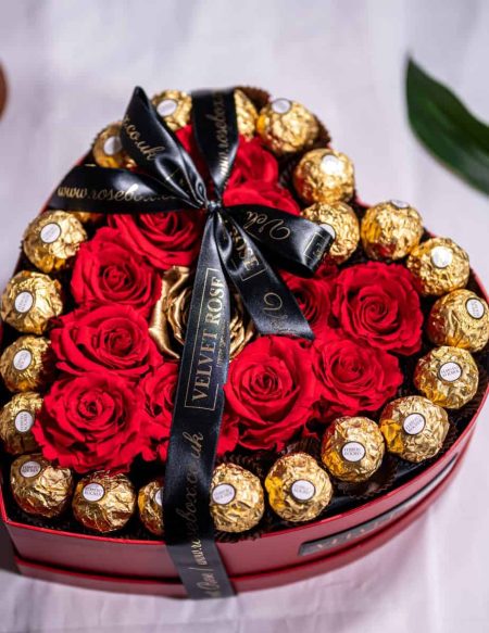 HEART OF ROSES – ETERNITY REAL PRESERVED RUBY RED & METALLIC GOLD ROSES & FERRERO ROCHER